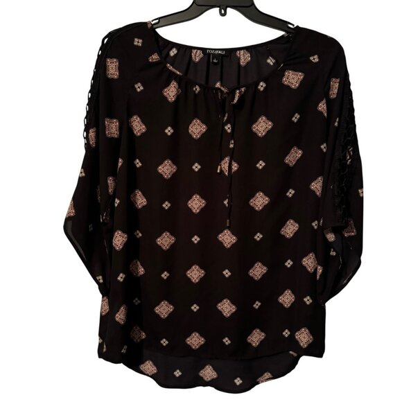 Roz & Ali Black Patterned Blouse Sz L 3/4 Sleeve Tie Neck women top - Picture 2 of 11